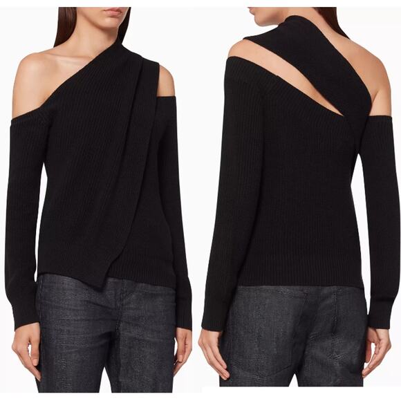 RTA Juliet Off-the-Shoulder Asymmetrical Ribbed Knit Sweater Black Women's XS - Picture 1 of 7